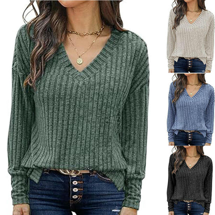 Women Trendy Casual Sweaters Fashion Shirts Ribbed Long Sleeve V Neck Pullover Tops