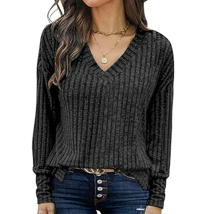 Women Trendy Casual Sweaters Fashion Shirts Ribbed Long Sleeve V Neck Pullover Tops
