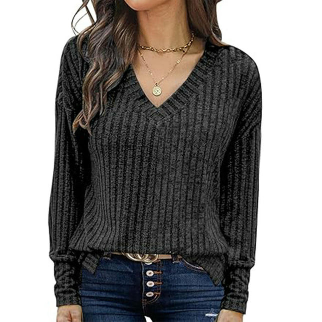 Women Trendy Casual Sweaters Fashion Shirts Ribbed Long Sleeve V Neck Pullover Tops