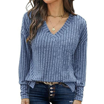 Women Trendy Casual Sweaters Fashion Shirts Ribbed Long Sleeve V Neck Pullover Tops