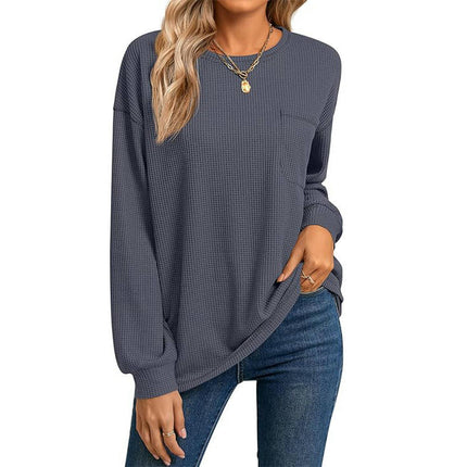 Womens Long Sleeve Crewneck Waffle Knit Shirts Casual Tops