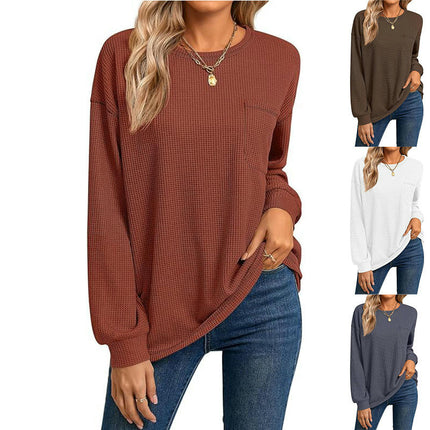 Womens Long Sleeve Crewneck Waffle Knit Shirts Casual Tops