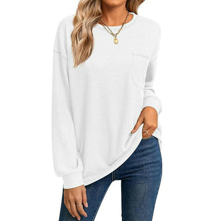 Womens Long Sleeve Crewneck Waffle Knit Shirts Casual Tops