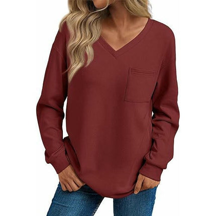 Womens Long Sleeve V Neck Tops Loose Fit Fall Cute Trendy T Shirts