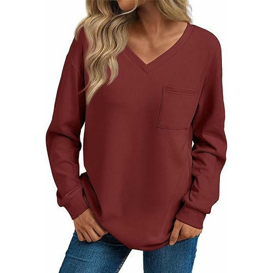 Womens Long Sleeve V Neck Tops Loose Fit Fall Cute Trendy T Shirts