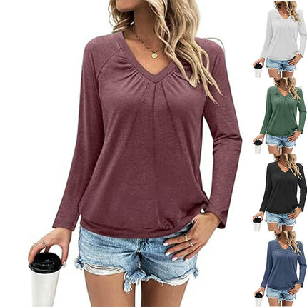 Womens Pleated V Neck Long Sleeve T Shirts Tops Fall Casual Blouses