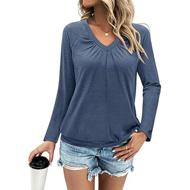 Womens Pleated V Neck Long Sleeve T Shirts Tops Fall Casual Blouses