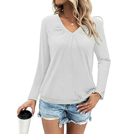 Womens Pleated V Neck Long Sleeve T Shirts Tops Fall Casual Blouses