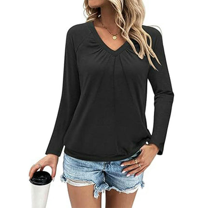 Womens Pleated V Neck Long Sleeve T Shirts Tops Fall Casual Blouses