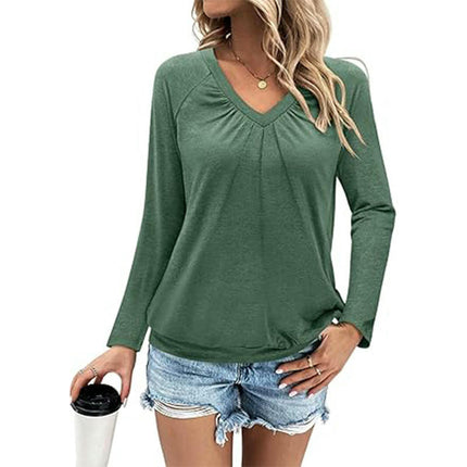 Womens Pleated V Neck Long Sleeve T Shirts Tops Fall Casual Blouses
