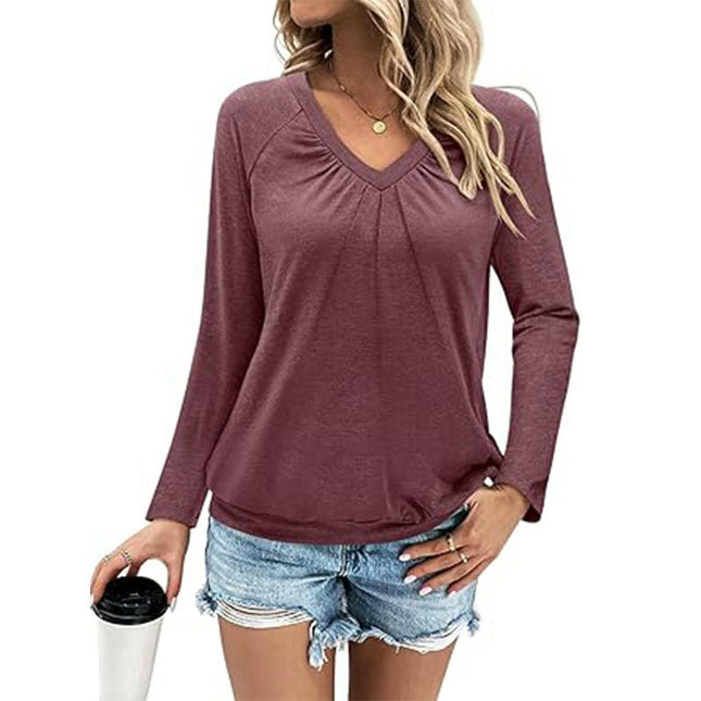 Womens Pleated V Neck Long Sleeve T Shirts Tops Fall Casual Blouses