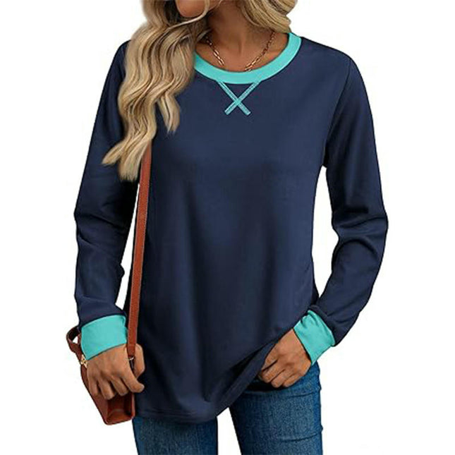 Women's Casual Long Sleeve T-Shirts Color Block Crewneck Loose Tops