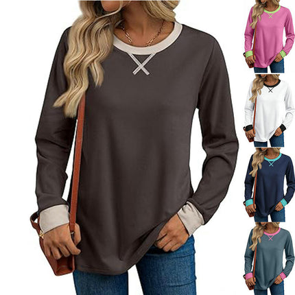 Women's Casual Long Sleeve T-Shirts Color Block Crewneck Loose Tops