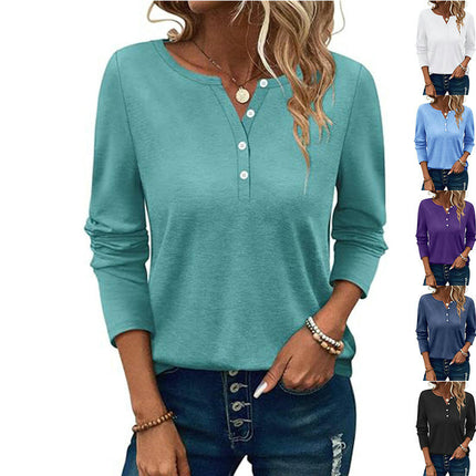 Womens Long Sleeve Henley Shirts Pullover Casual Loose Fit Crew Neck Tops