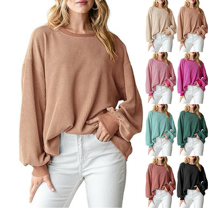 Womens Color Block Long Sleeve T Shirts Crewneck Casual Ribbed Loose Tops