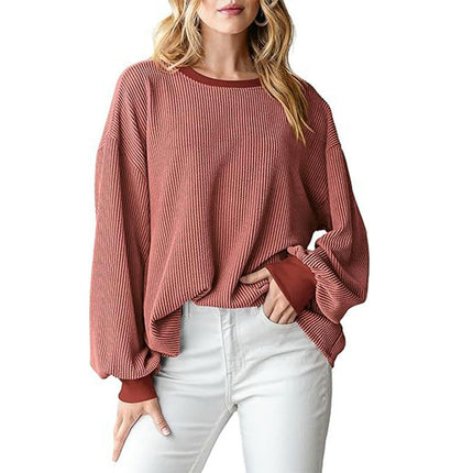 Womens Color Block Long Sleeve T Shirts Crewneck Casual Ribbed Loose Tops