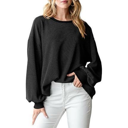 Womens Color Block Long Sleeve T Shirts Crewneck Casual Ribbed Loose Tops