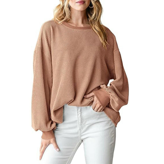 Womens Color Block Long Sleeve T Shirts Crewneck Casual Ribbed Loose Tops