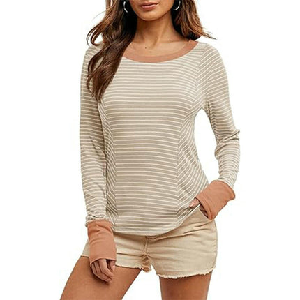 Womens Trendy Striped Color Block Long Sleeve T Shirts Crewneck Casual Tops