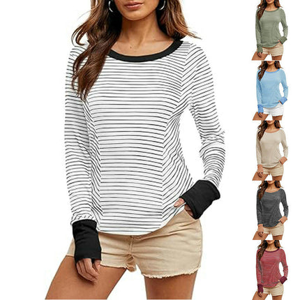 Womens Trendy Striped Color Block Long Sleeve T Shirts Crewneck Casual Tops