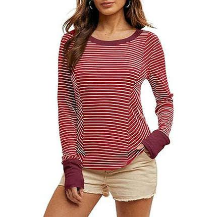 Womens Trendy Striped Color Block Long Sleeve T Shirts Crewneck Casual Tops