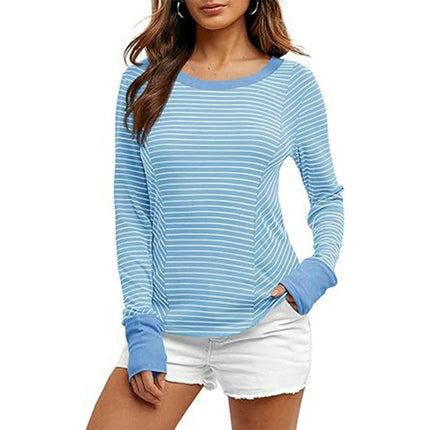 Womens Trendy Striped Color Block Long Sleeve T Shirts Crewneck Casual Tops