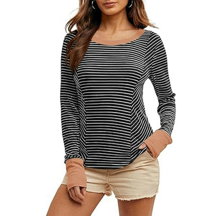 Womens Trendy Striped Color Block Long Sleeve T Shirts Crewneck Casual Tops