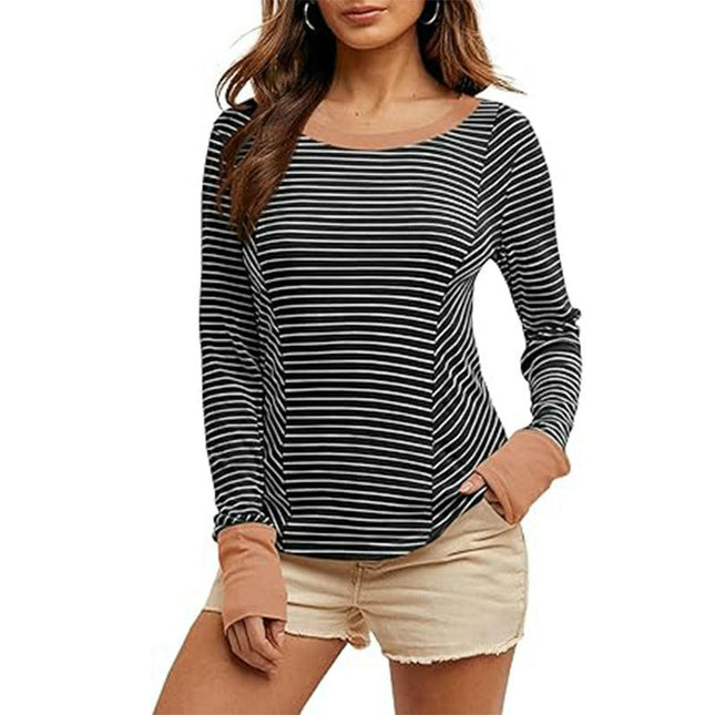 Womens Trendy Striped Color Block Long Sleeve T Shirts Crewneck Casual Tops