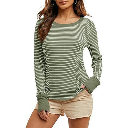 Womens Trendy Striped Color Block Long Sleeve T Shirts Crewneck Casual Tops
