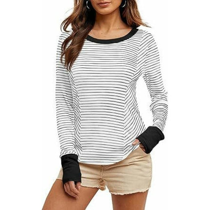 Womens Trendy Striped Color Block Long Sleeve T Shirts Crewneck Casual Tops