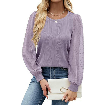 Womens Puff Long Sleeve Texture Top Chiffon Sleeve Crew Neck Shirts