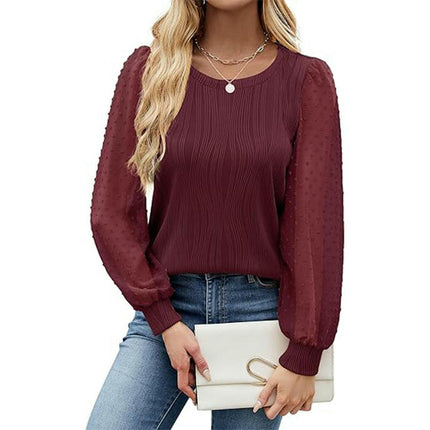 Womens Puff Long Sleeve Texture Top Chiffon Sleeve Crew Neck Shirts