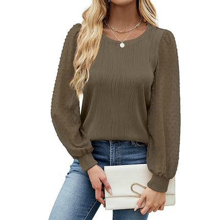 Womens Puff Long Sleeve Texture Top Chiffon Sleeve Crew Neck Shirts