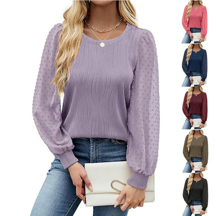 Womens Puff Long Sleeve Texture Top Chiffon Sleeve Crew Neck Shirts
