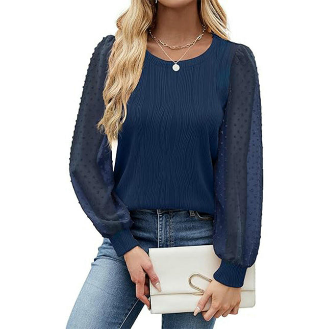 Womens Puff Long Sleeve Texture Top Chiffon Sleeve Crew Neck Shirts