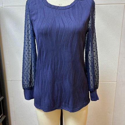 Womens Puff Long Sleeve Texture Top Chiffon Sleeve Crew Neck Shirts