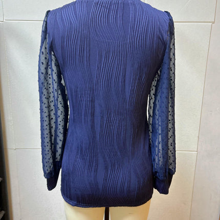 Womens Puff Long Sleeve Texture Top Chiffon Sleeve Crew Neck Shirts
