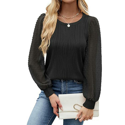 Womens Puff Long Sleeve Texture Top Chiffon Sleeve Crew Neck Shirts