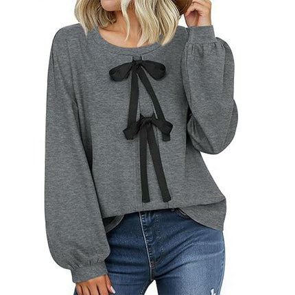 Women's Puff Long Sleeve Tops Crew Neck Tie Front Bow Casual Loose Tee Shirts