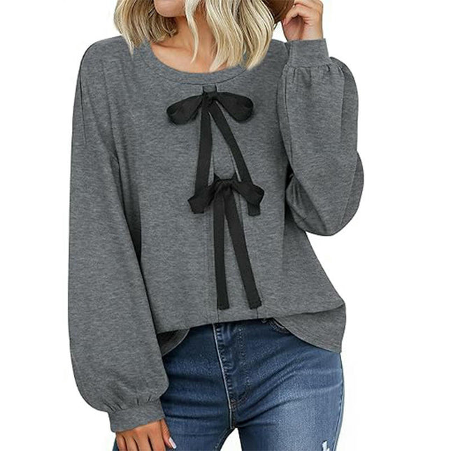 Women's Puff Long Sleeve Tops Crew Neck Tie Front Bow Casual Loose Tee Shirts