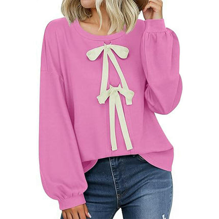 Women's Puff Long Sleeve Tops Crew Neck Tie Front Bow Casual Loose Tee Shirts