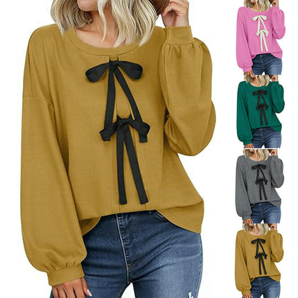 Women's Puff Long Sleeve Tops Crew Neck Tie Front Bow Casual Loose Tee Shirts