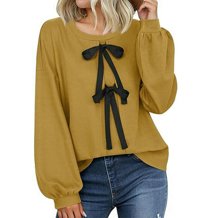 Women's Puff Long Sleeve Tops Crew Neck Tie Front Bow Casual Loose Tee Shirts