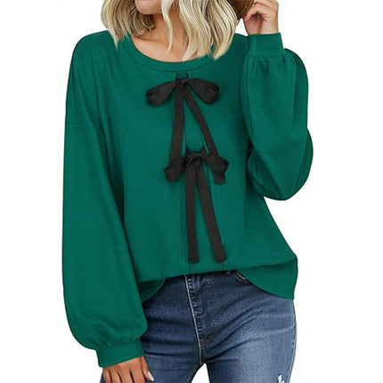 Women's Puff Long Sleeve Tops Crew Neck Tie Front Bow Casual Loose Tee Shirts