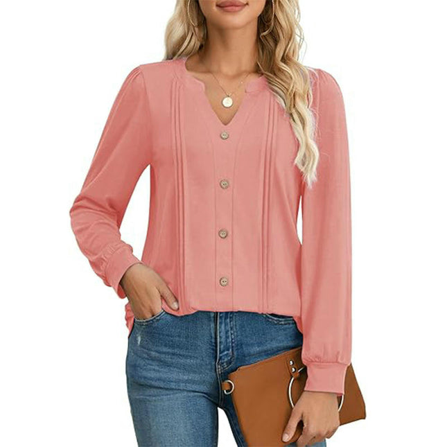 Womens Long Sleeve Tops Pleated V Neck Button T Shirts Casual Fall Blouses