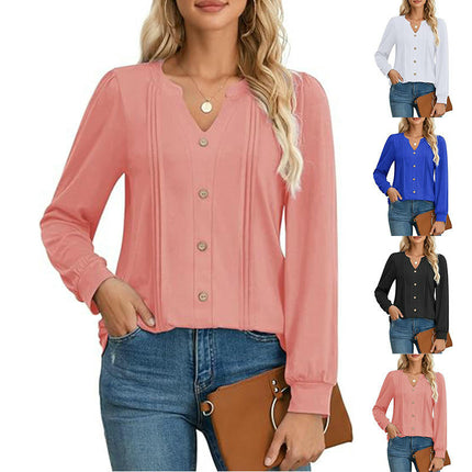 Womens Long Sleeve Tops Pleated V Neck Button T Shirts Casual Fall Blouses