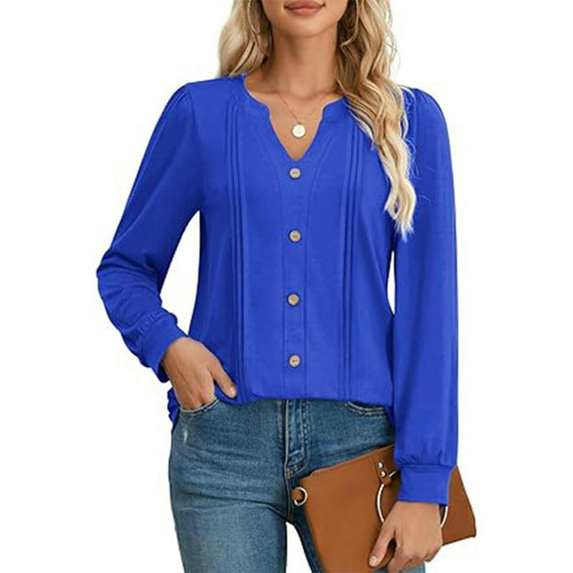 Womens Long Sleeve Tops Pleated V Neck Button T Shirts Casual Fall Blouses
