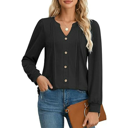 Womens Long Sleeve Tops Pleated V Neck Button T Shirts Casual Fall Blouses
