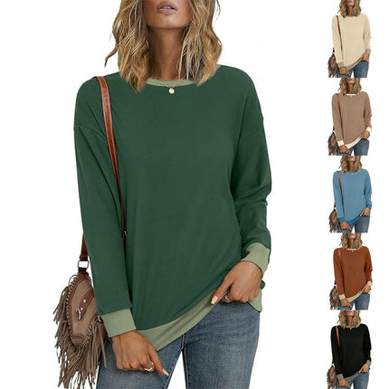 Womens Crewneck Color Block Sweatshirts Long Sleeve Loose Casual Tops