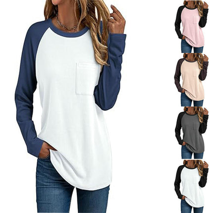 Women's Long Sleeve Color Block Fall Tops Casual Crewneck Loose Fit T Shirt with Pocket